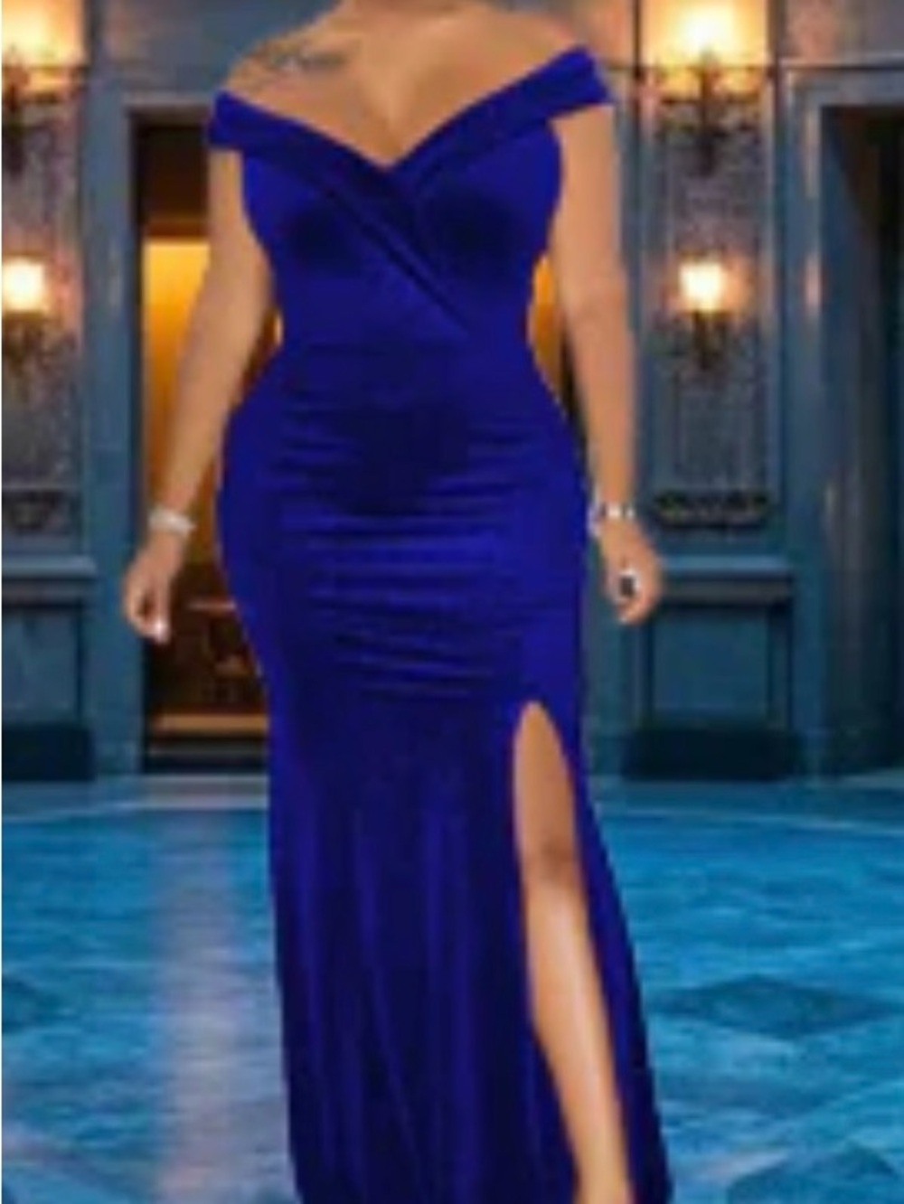Amazon Velvet One-Shoulder Royal Blue Evening Gown with Side Slit